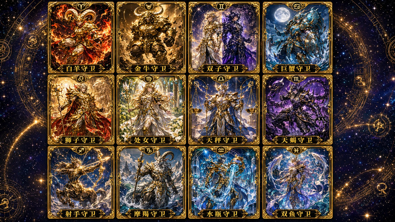 12 Original Zodiac Golden Guardians 12 Grid Cards With Chinese Names generated image