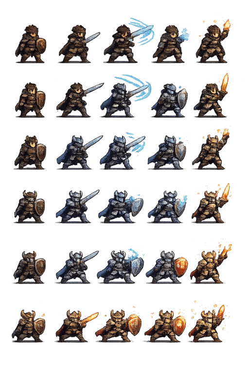 Pixel Art Fantasy Warrior Three Equipment Sets Six Poses generated image
