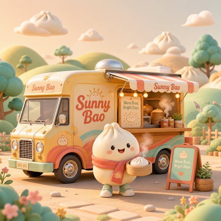 3D Rendered Retro Brand Food Truck With Cartoon Character In Stylized Brand Scene generated image
