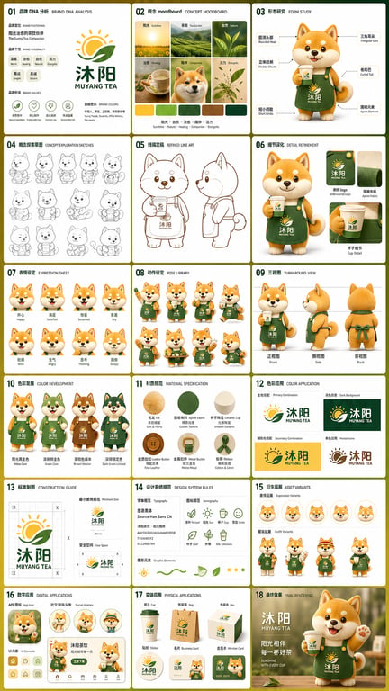 MUYANG TEA 18 Panel Brand Identity And Shiba Inu Mascot Design Document generated image