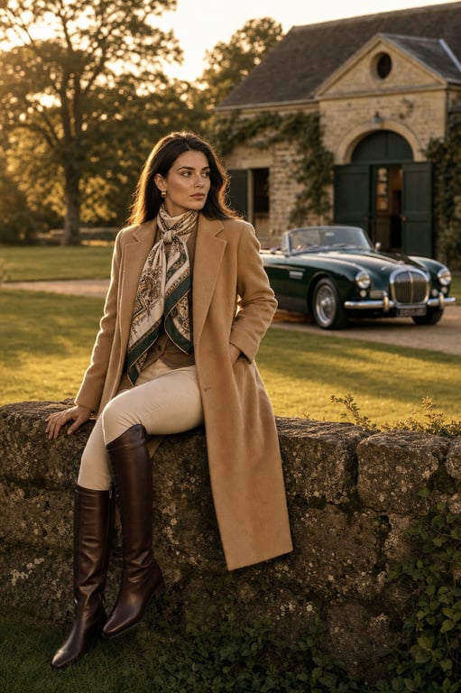 Quiet Luxury Editorial Photography At English Country Estate Golden Hour With Model In Camel Cashmere Coat And Vintage Convertible generated image