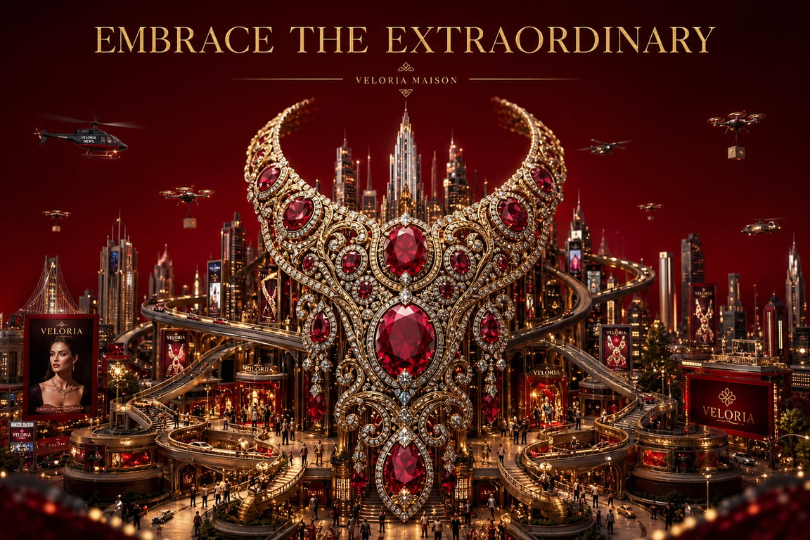 Cinematic Miniature Style Luxury Royal Diamond Ruby Necklace Futuristic City Advertising Poster generated image