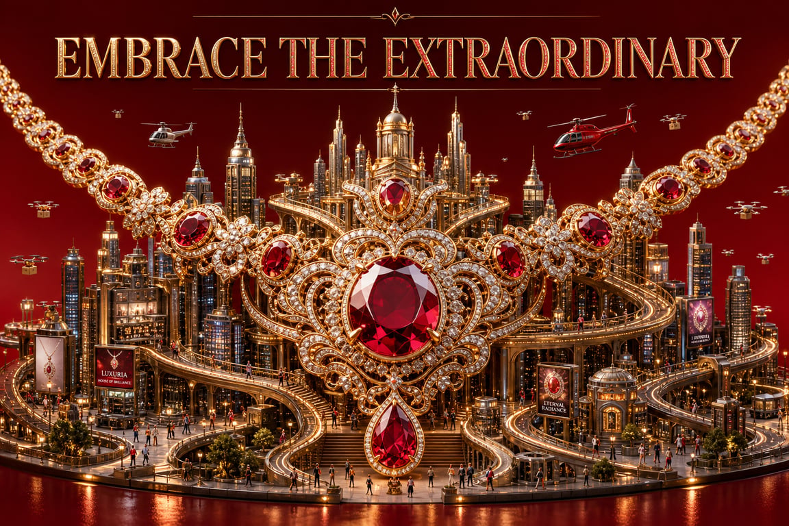 Luxury Diamond Ruby Necklace Miniature Futuristic City Advertising Poster generated image