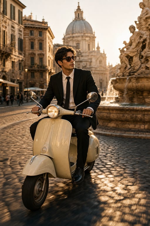 Well Dressed Man Riding Vintage Cream Scooter In Historic European Street generated image