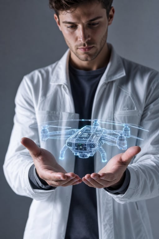 Mid 20s European Man In Lab Coat With Floating Drone Hologram generated image
