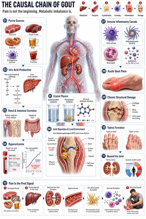 Gout Causal Chain 3D Medical Infographic generated image