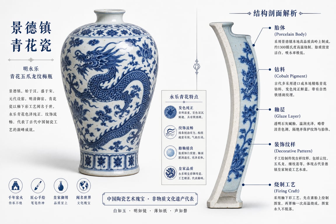 Jingdezhen Blue And White Porcelain Detailed Explanatory Diagram With Knowledge Analysis generated image
