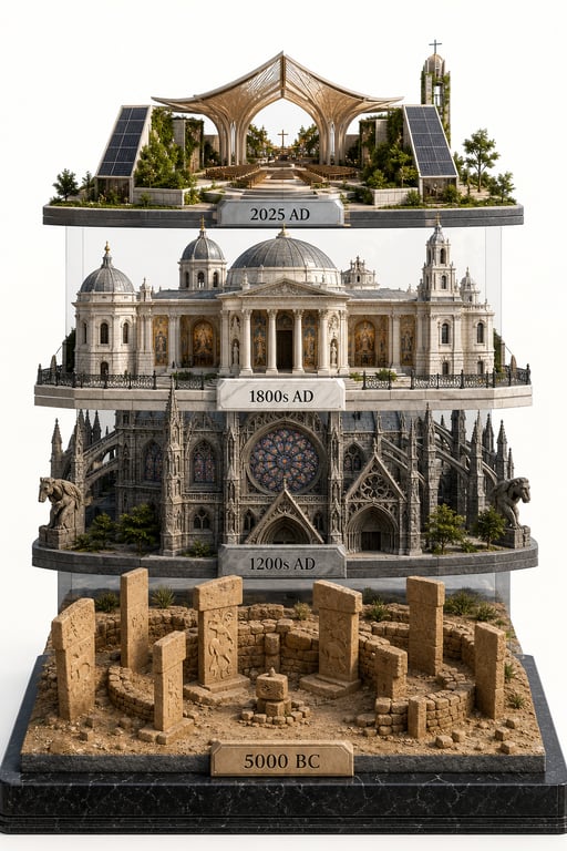 Layered Diorama Evolution Of Religious Architecture generated image