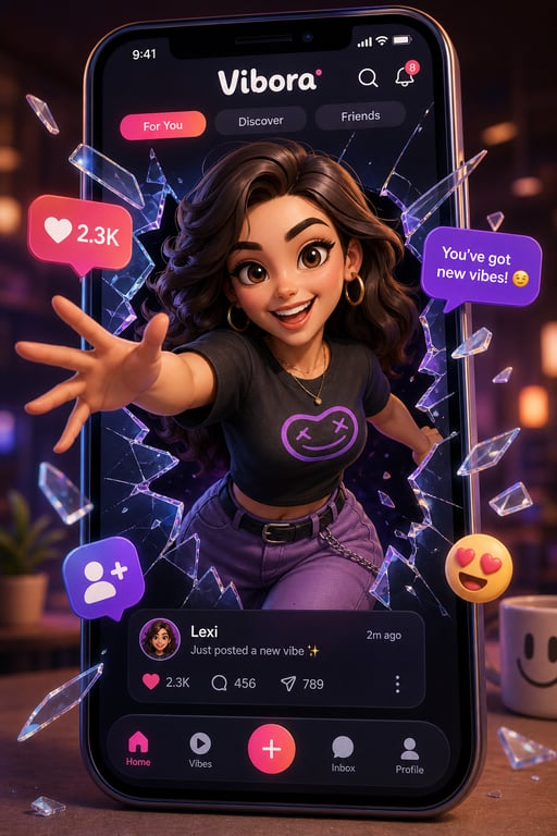 Girl Breaking Through 3D Social App Phone Screen With Digital Broken Screen Effects generated image