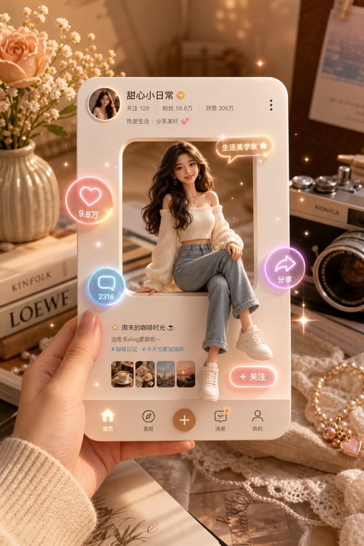Hand Holding 3D Social Profile Card Girl On Hollow Edge Warm Dreamy Aesthetic Neon Interactive Icons generated image