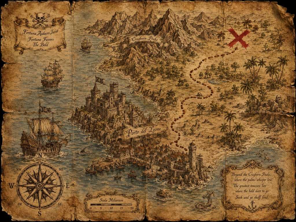 Ancient Pirate Treasure Map On Old Parchment generated image