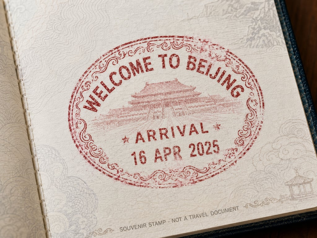 Realistic Fictional Travel Journal Page With Beijing Entry Stamp Forbidden City Silhouette generated image