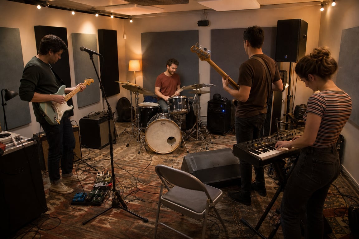 Remove Drummer And Drum Kit Keep Other Content Unchanged reference image