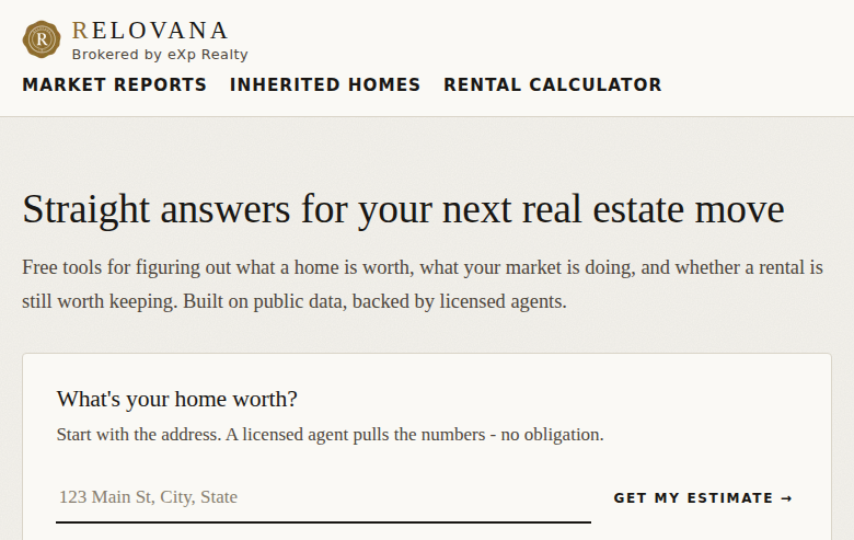Relovana homepage - free tools for figuring out what a home is worth