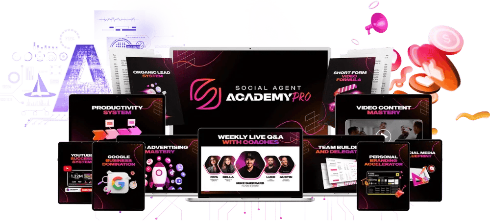 Collage of digital course screens with the Social Agent Academy PRO logo, showcasing training topics like advertising,