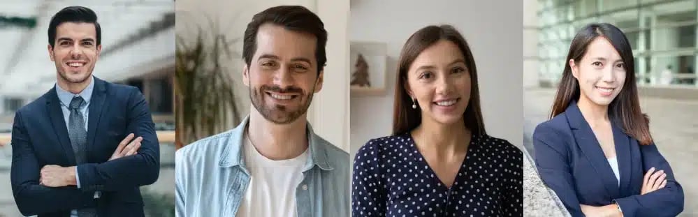 Two professional men and two professional women showcasing effective LinkedIn profile pictures for real estate lead