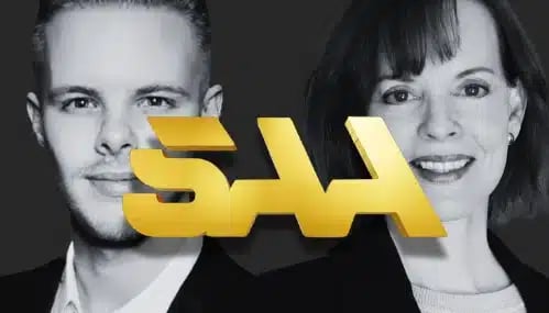 Black and white photo of Karrie Hill and Doug Smart with the bold gold SAA logo overlaid,