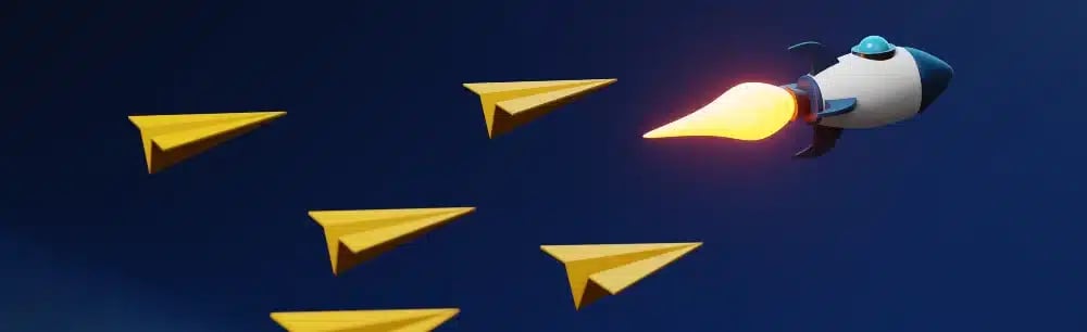 Rocket flying ahead of paper airplanes, symbolizing career advantage and the importance of asking brokerage interview