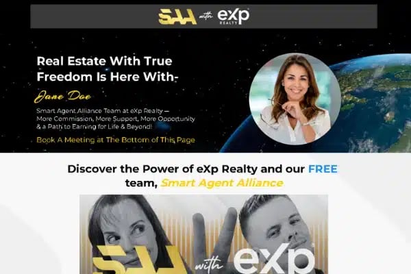 Smart Agent Alliance free eXp Realty landing page template with agent branding and sponsorship details