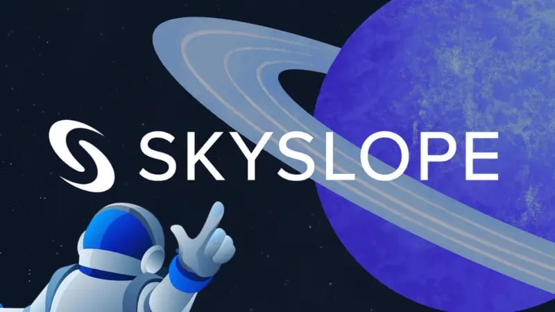 Astronaut floating in space with a planet background and the SkySlope logo in the center