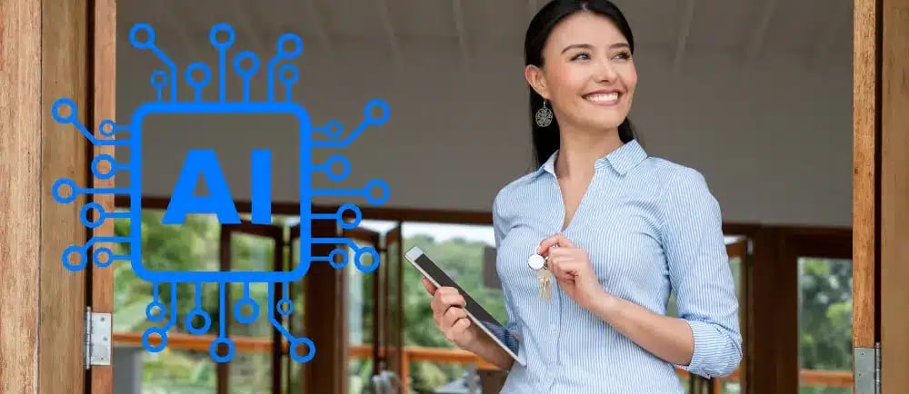 Smart Real Estate: Confident Agent with Smartphone and AI Circuit Graphic Signifying Tech-Savvy Selling Techniques