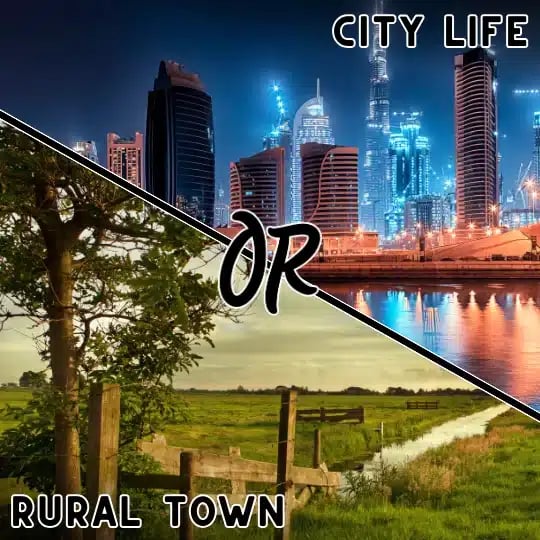 a city with a river and a tree