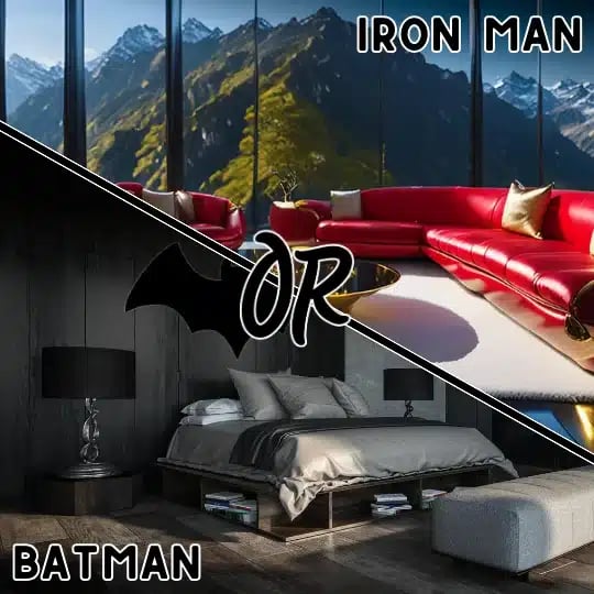 a room with a red couch and a bed