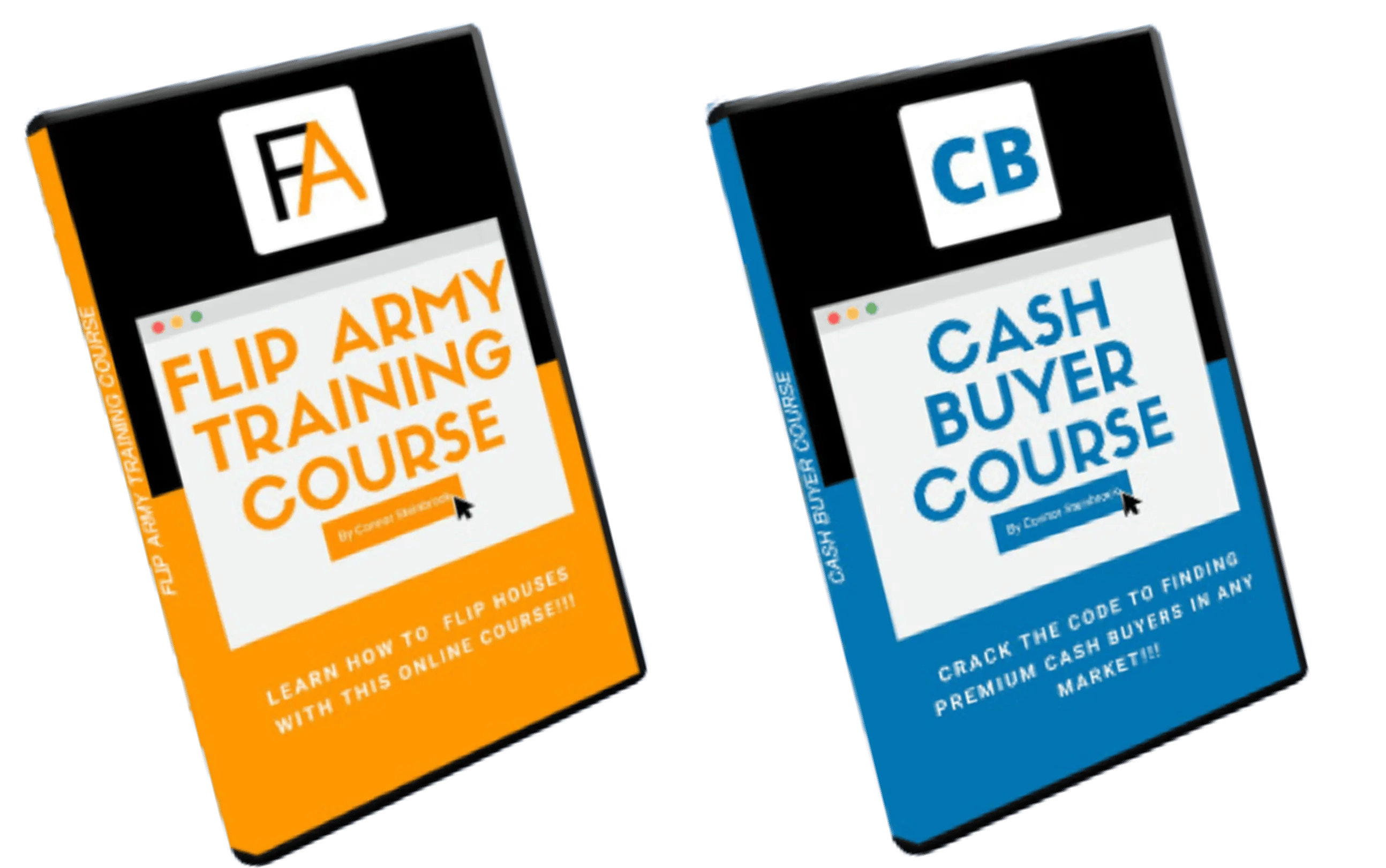 Two online real estate courses, 'Flip Army Training Course' and 'Cash Buyer Course', part of the Wolf Pack Investor Courses.