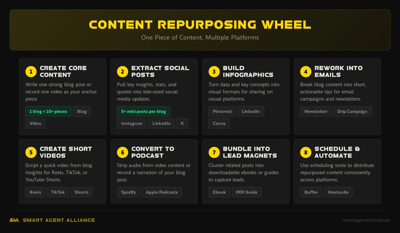 Content repurposing workflow showing how one piece of content becomes multiple platform assets