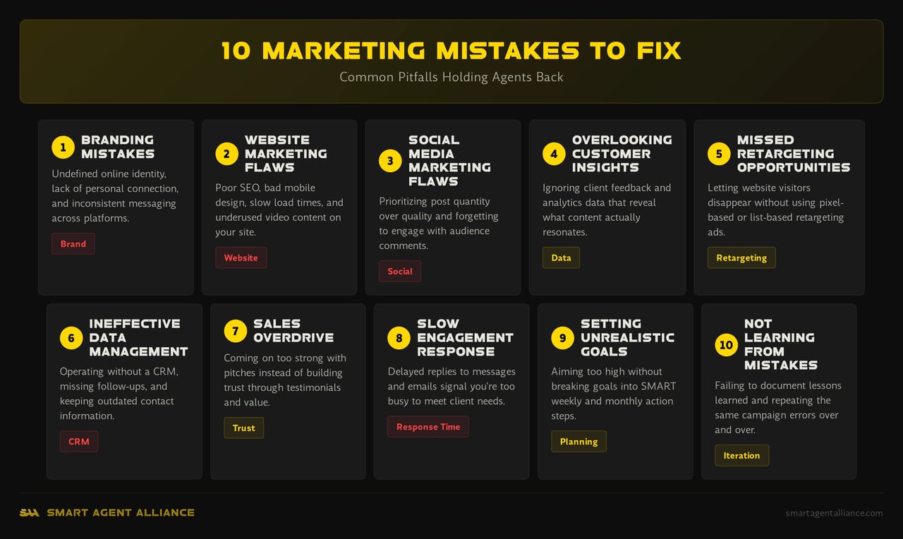 Infographic showing 10 real estate marketing mistakes agents need to fix