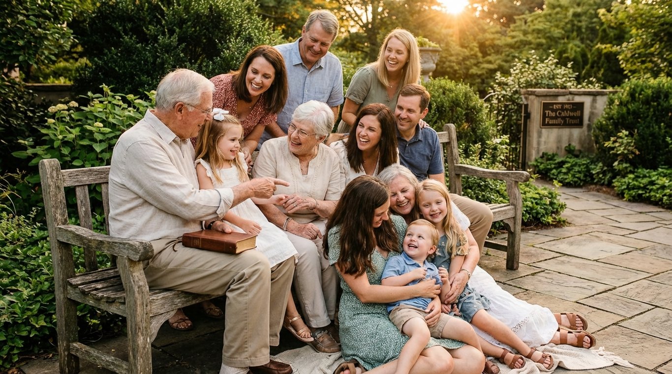 Multi-generational family in a Tennessee garden representing family legacy planning