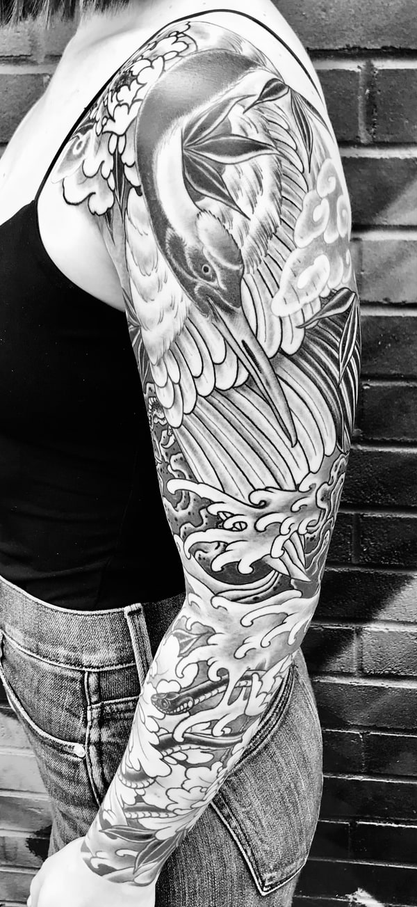 Traditional Japanese Crowned Crane Tattoo Sleeve