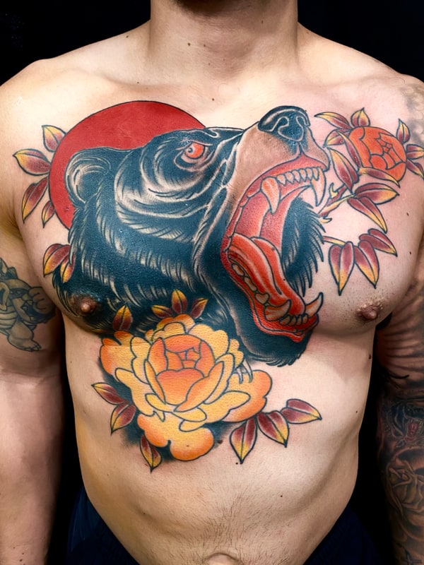 Grizzly Bear and Golden Peonies Tattoo