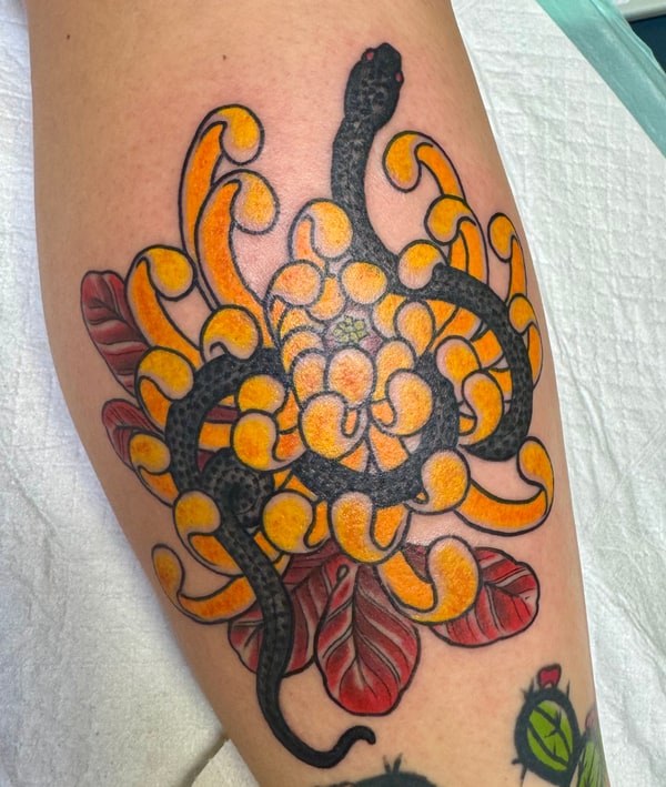 Golden Chrysanthemum and Garden Snake Tattoo