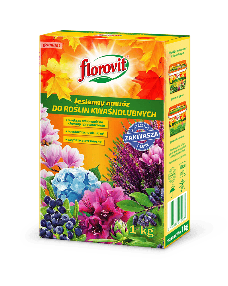 Nawóz jesienny do roślin kwaśnolubnych Florovit 1 kg. Chroni borówki i rododendrony przed mrozem oraz utrzymuje kwaśne pH.