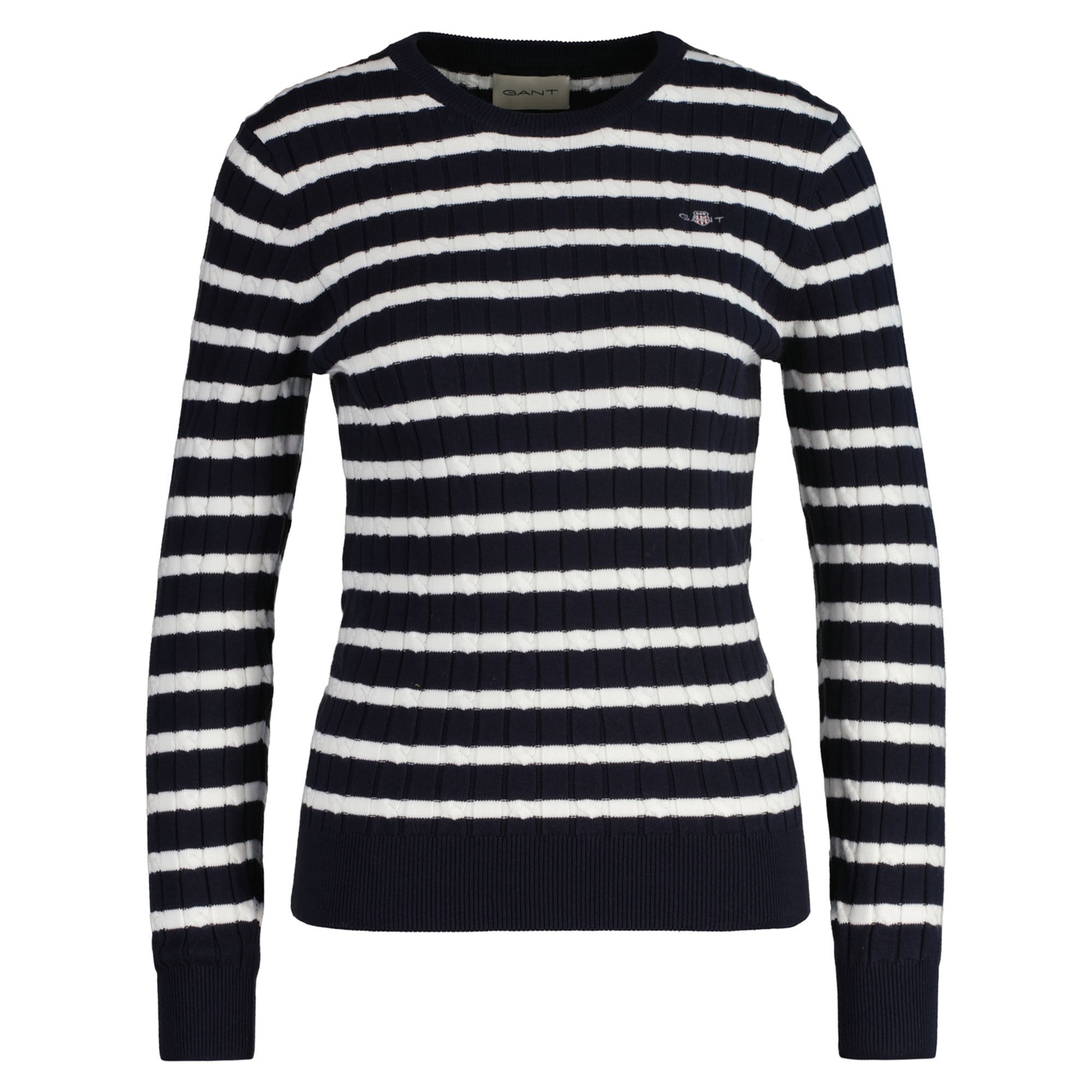 GANT Damen Strickpullover, gestreift STRETCH COTTON CABLE STRIPE C-NECK