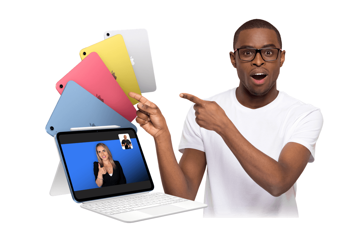 Man pointing at a tablet showing a sign language video call, with colorful iPads fanned out behind
