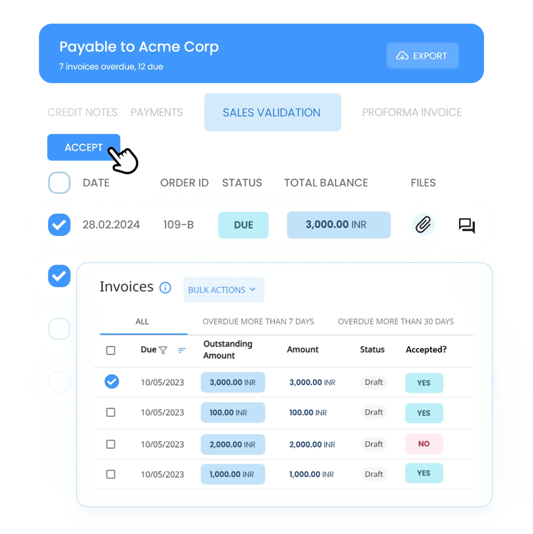 Easily filter your overdue invoices and send your customers multiple reminders on the invoice level.