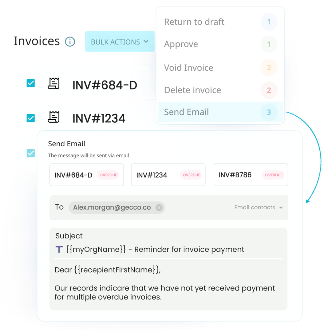 Easily filter your overdue invoices and send your customers multiple reminders on the invoice level.