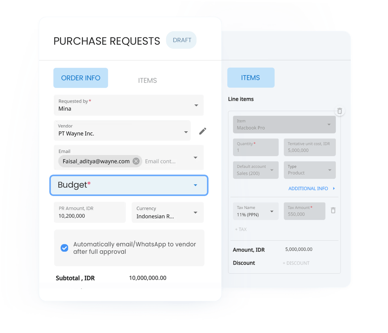 Dari pada memasukkan permintaan pembelian di Google form atau email yang dapat dengan mudah hilang dan terlewatkan, buat permintaan pembelian Anda di tempat yang terpusat dengan mudah.