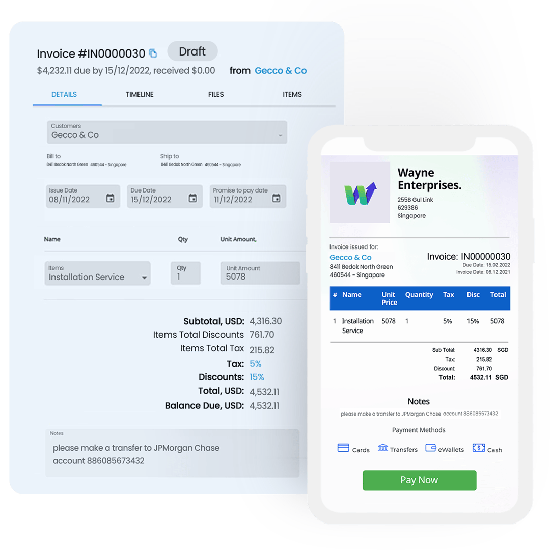 create e-invoices with your company branding and customize the line items, discounts and tax rates. Validate and approve draft invoices before sending them to your customers