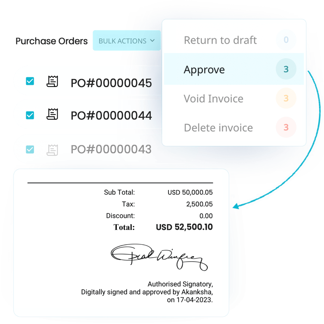 PO approvers can instantly check and approve POs. After the PO has been approved, with their consent, their e-signatures will be added to the PO automatically.