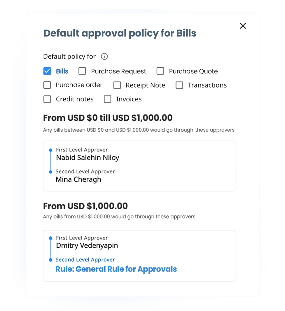 To streamline your bill approvals and keep track of the audit trail, create approval levels based on bill amount and assign approvers to each level from team members to any C-levels and department heads. 
