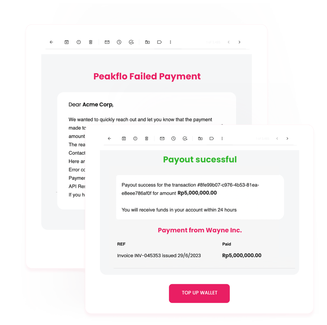 Untuk memastikan tidak ada pembayaran yang gagal akibat saldo wallet yang tidak cukup, Peakflo akan mengirimkan email notifikasi sebelum saldo wallet habis.