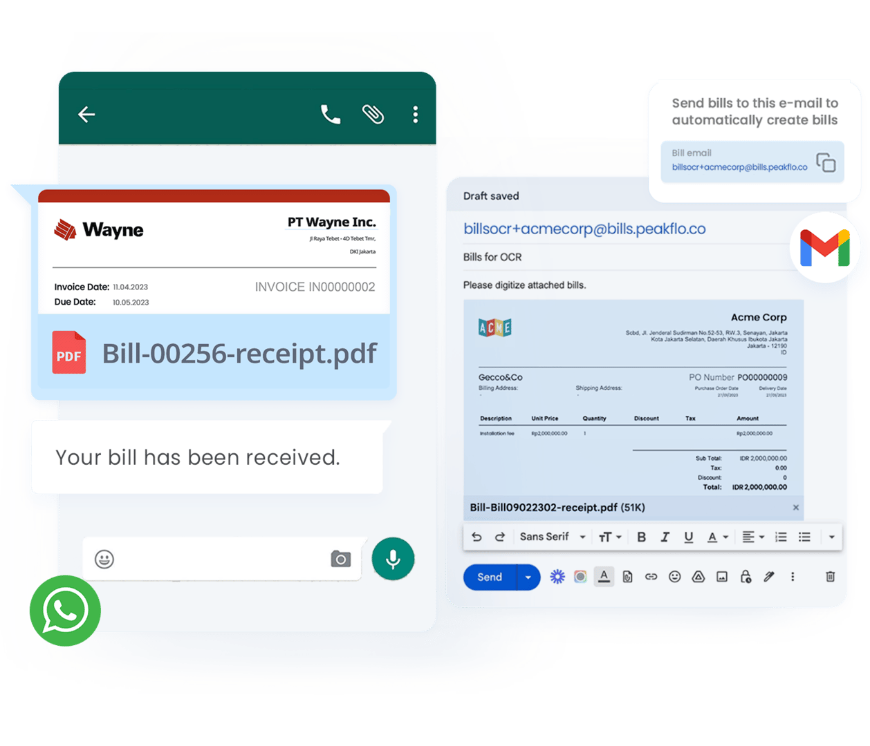 Instead of wasting your time by adding bill data manually to your accounting software or ERP, just forward your bills by email or send them to Peakflo WhatsApp and allow Peakflo to take care of the rest!