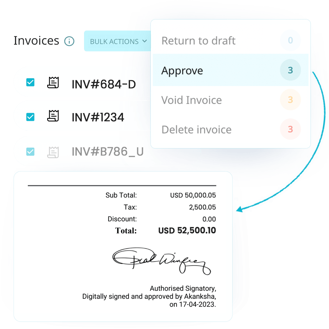 Invoice approvers can instantly check and approve invoices. After the invoice has been approved, with their consent, their e-signatures will be added to the invoice automatically.