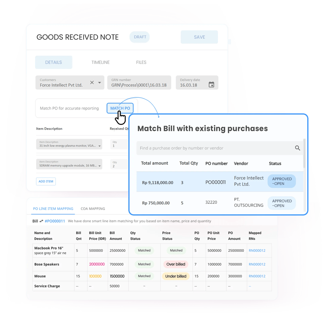Instead of the procurement or warehouse team checking all the details of the PO and bills manually, Peakflo will automatically match the bill line item details with the PO details and flag any mismatches.