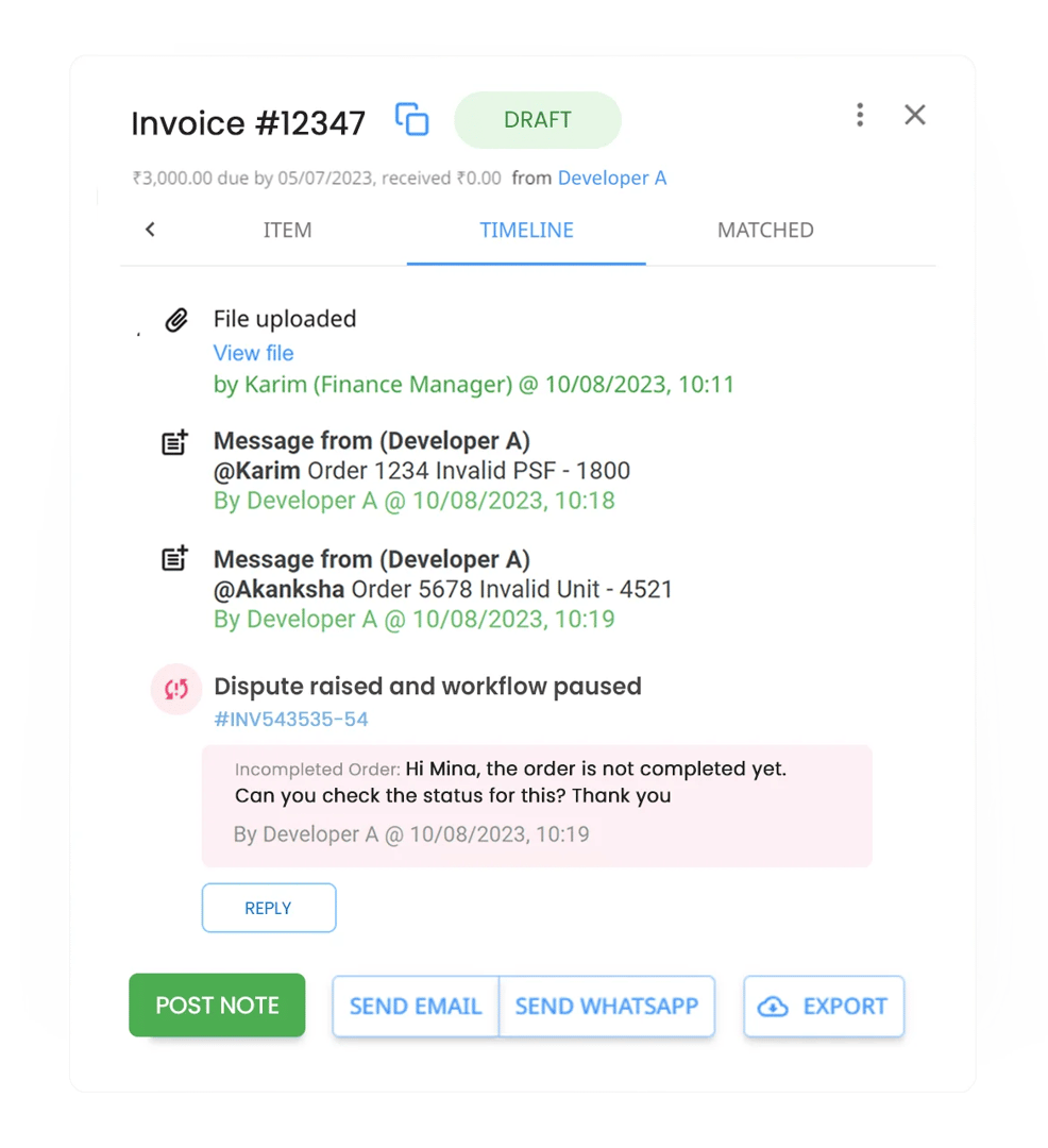 Di invoicing software Peakflo, pilih dan setujui invoice sekaligus. Setelah invoice disetujui dengan izin, tanda tangan elektronik Anda dan e-meterai akan ditambahkan ke dalam invoice secara otomatis.