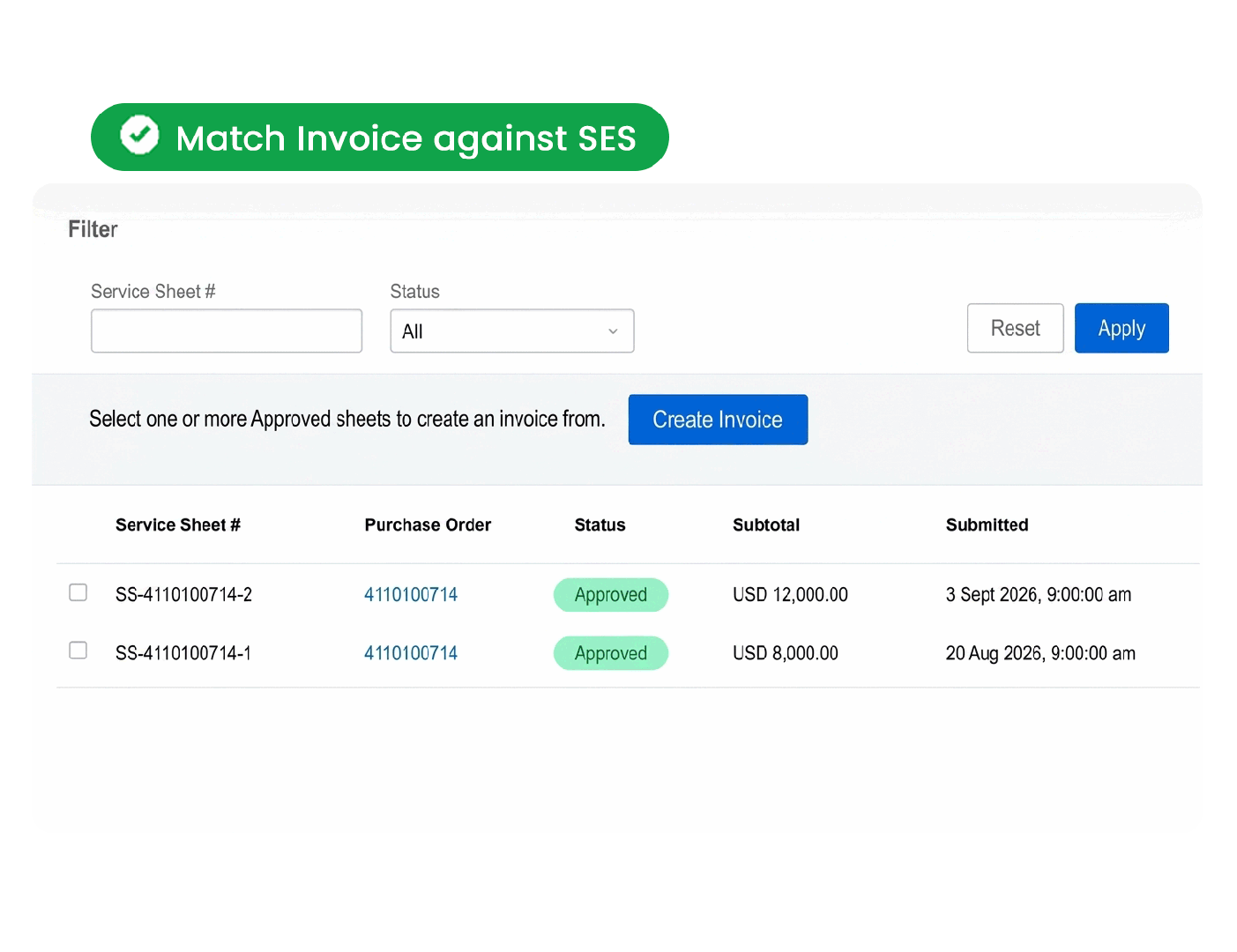 Peakflo matching purchase orders and service entry sheets before AP portal submission.