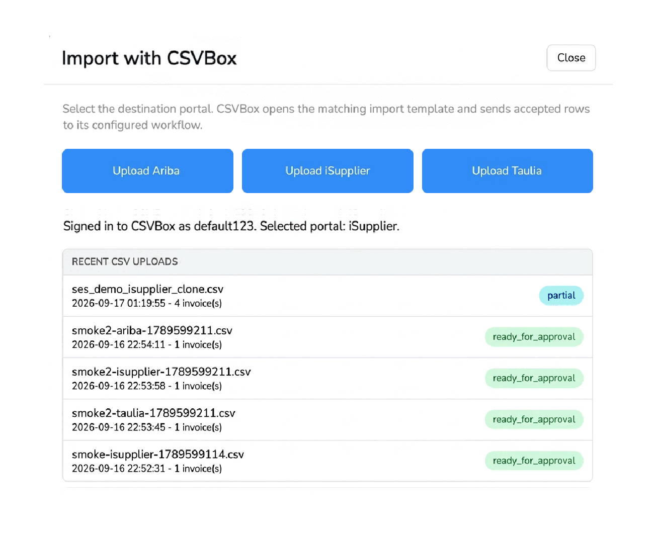 Per-customer templates formatting invoices to each AP portal's mandatory fields.